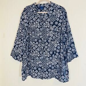Karen Scott Woman Button Up Blouse Sz 3X Blue White Geometric Floral Paisley